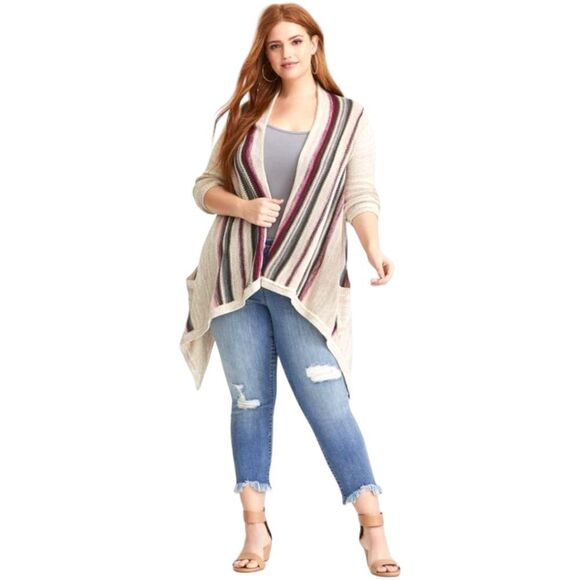 TORRID Multi color Soft Border Striped Open Front Knit Cardigan With Pockets - Picture 2 of 14